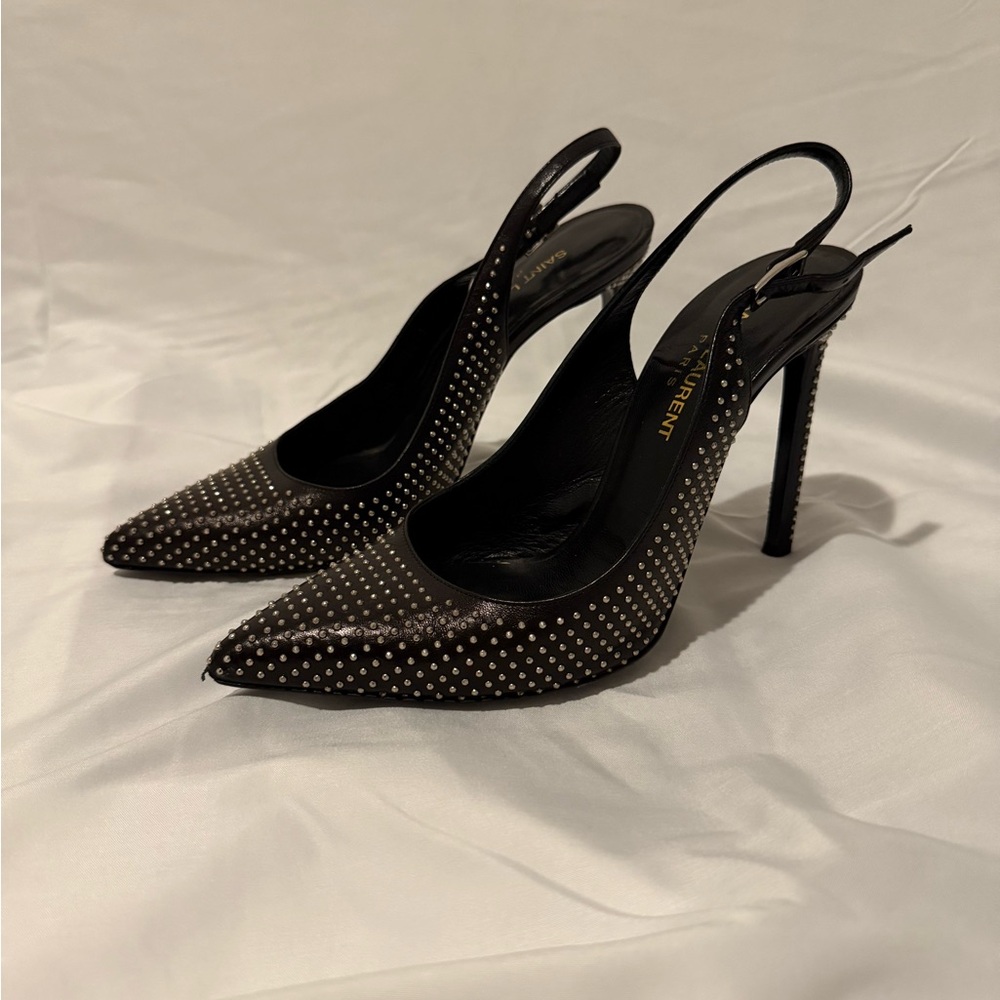 Saint Laurent Elegant Black Slingback Rhinestone Heels